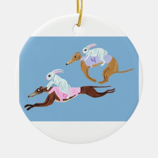 Bunnies riding Greyhounds Keramik Ornament (Vorne)