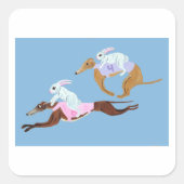 Bunnies riding Greyhounds Quadratischer Aufkleber (Vorderseite)