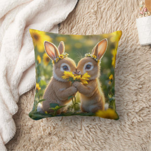 Bunnies Riechen einer gelben Sonnenblume Kissen