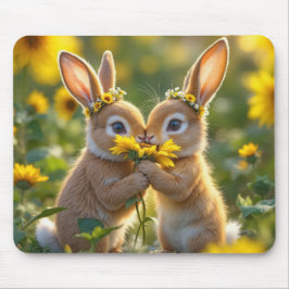 Bunnies Riechen einer gelben Sonnenblume Mousepad