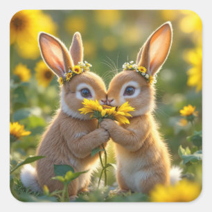 Bunnies Riechen einer gelben Sonnenblume Quadratischer Aufkleber