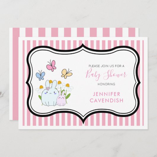 Bunnies Spring Daisies and Butterflies Baby Shower Einladung (Vorne/Hinten)