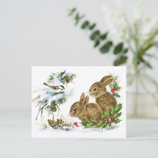 Bunnies und Bird Enjoy Snow Postcard Postkarte (Stehend Vorderseite)