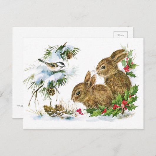Bunnies und Bird Enjoy Snow Postcard Postkarte (Vorne/Hinten)