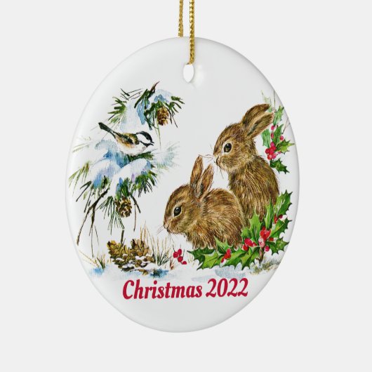 Bunnies und Bird genießen Schnee Custom Christmas Keramik Ornament (Rechts)