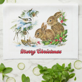 Bunnies und Bird genießen Schnee Frohe Weihnachten Geschirrtuch