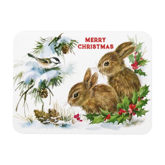 Bunnies und Bird genießen Schnee Frohe Weihnachten Magnet (Horizontal)
