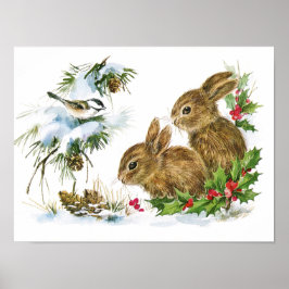 Bunnies und Bird genießen Schnee Weihnachtsdekorat Poster