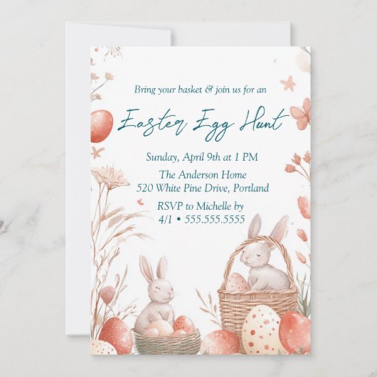 Bunnies und Eier im Korb Ostereierjagd Einladung (Vorderseite)