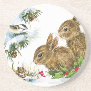 Bunnies und Vögel genießen Schnee Getränkeuntersetzer