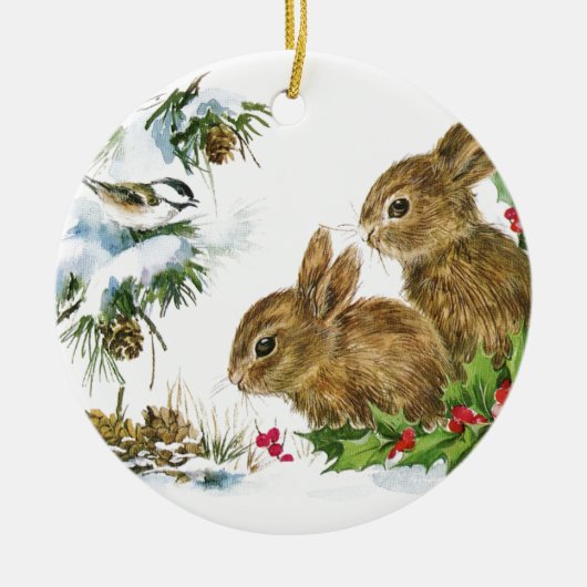 Bunnies und Vögel genießen Schnee Keramik Ornament (Vorne)