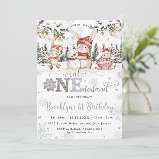 Bunnies Winter ONEderland Weihnachten 1. Geburtsta Einladung (Stehend Vorderseite)