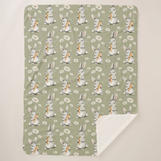 Bunnies with Carrots Green Daisy Flowers Birthday Sherpadecke (Vorderseite)