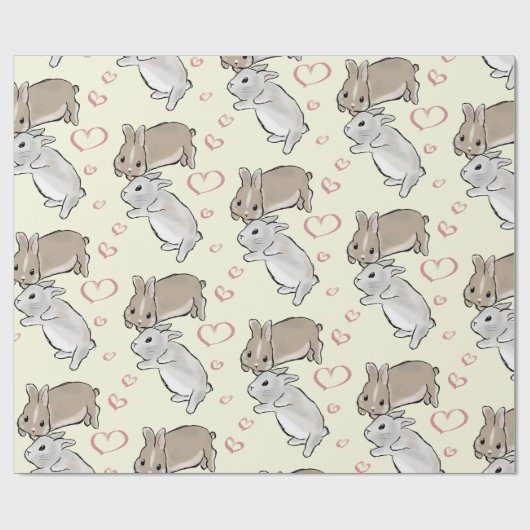 Bunnies with hearts yellow geschenkpapier (Flach)