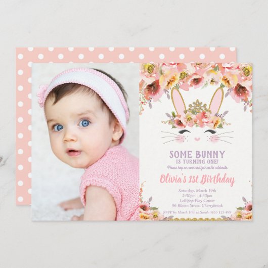 Bunny 1 Birthday Girls Floral Rabbit Foto Einladung (Vorne/Hinten)