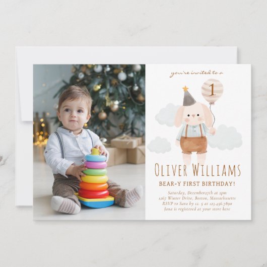 bunny 1st birthday blue balloon einladung (Vorderseite)