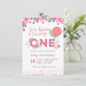 Bunny 1st Birthday Floral Einladung Pink Glitzer (Stehend Vorderseite)