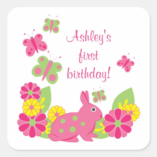 Bunny and Butterflies Girl's Birthday Stickers (Vorderseite)