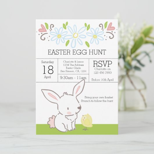Bunny and Chick Oaster Egg Hunt Brunch Einladung (Stehend Vorderseite)