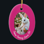 Bunny and Child photo pink blue Oval Frame Easter Keramik Ornament<br><div class="desc">Bunny and Child photo in Oval Frame,  pink and blue background,  can be a gift for your Easter. Generative content image may be replaced. Humor text says "Some Bunny Loves Me"</div>