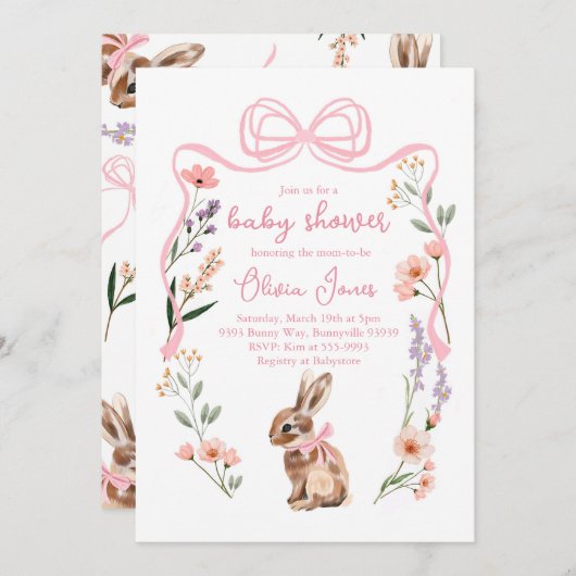 Bunny baby Dusche Einladung Rosa Bugmädchen Blume (Vorne/Hinten)