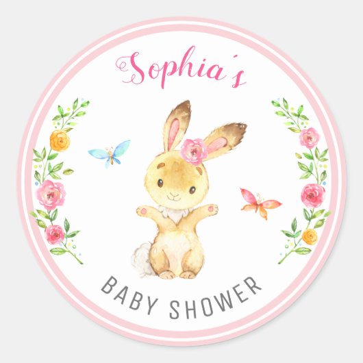 Bunny Baby Girl Dusche Rosa Sprinkle Niedliche Blü Runder Aufkleber (Vorderseite)