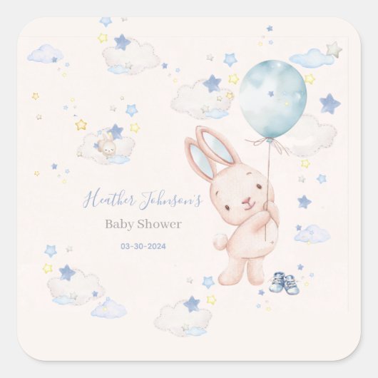 Bunny Baby Shower Boy Quadratischer Aufkleber (Vorderseite)