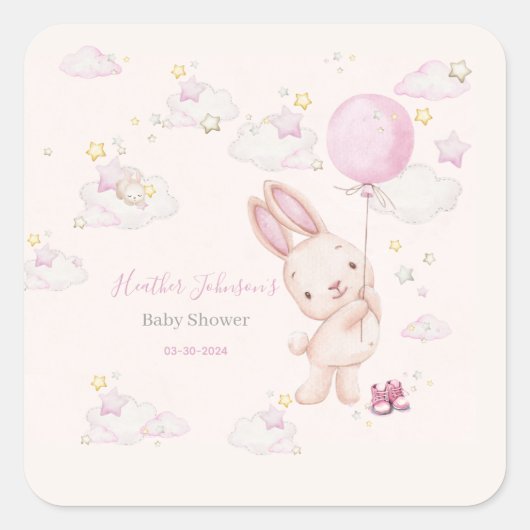 Bunny Baby Shower Girl Quadratischer Aufkleber (Vorderseite)