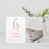 Bunny & Balloon Pink 1. Geburtstag Foto Einladung (Stehend Vorderseite)