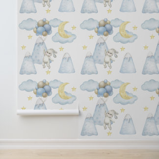 Bunny Balloons Mountains Moon Star Cloud Baby Boy Tapete