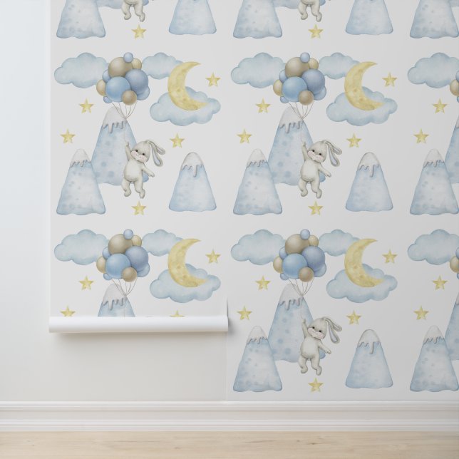Bunny Balloons Mountains Moon Star Cloud Baby Boy Tapete (Anwendung)