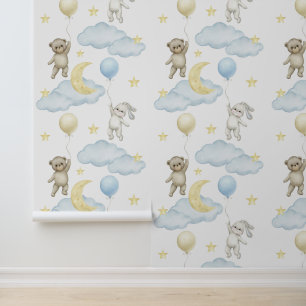 Bunny Bear Balloons Moon Star Cloud Baby Boy Tapete