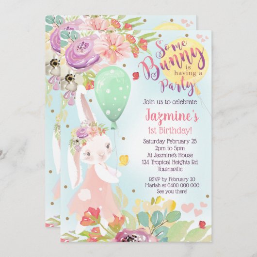 Bunny Birthday Einladung Floral Bunny Einladung (Vorne/Hinten)