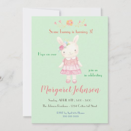 Bunny Birthday Einladung Pastel Girls Rabbit (Vorderseite)