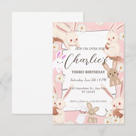 Bunny Birthday Einladung zum Kind (Vorne/Hinten)