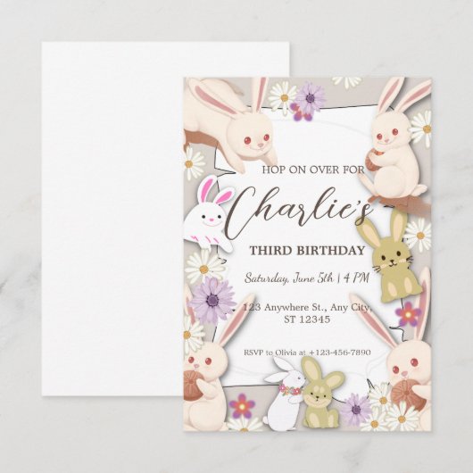 Bunny Birthday Einladung zum Kind (Vorne/Hinten)