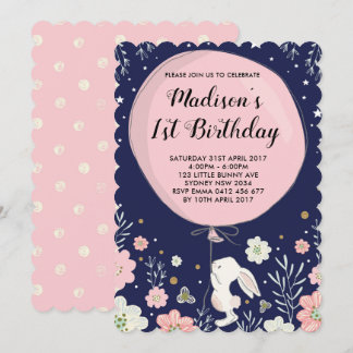 Bunny Birthday Invite Rabbit Navy Pink Twinkl Star Einladung