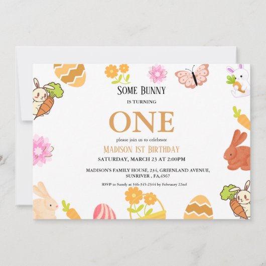 Bunny Birthday Ostereier 1. Geburtstag Einladung (Vorderseite)