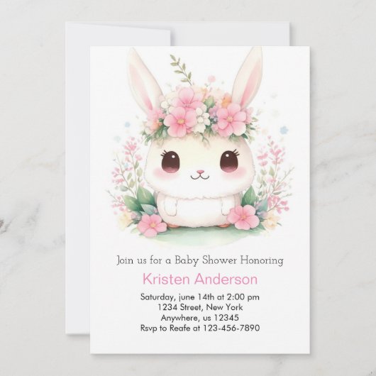 Bunny Bliss: Whimsical Baby Girl's Shower Einladung (Vorderseite)