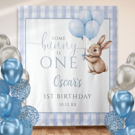 Bunny Blue Balloons 1st Birthday Backdrop Wandteppich
