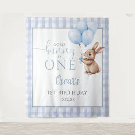 Bunny Blue Balloons 1st Birthday Backdrop Wandteppich
