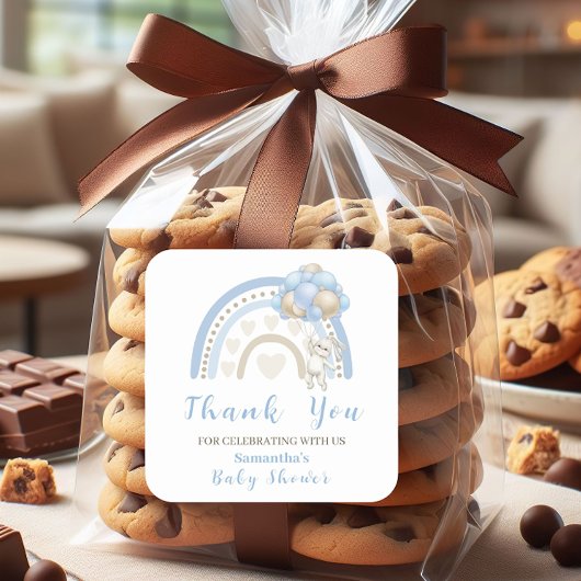 Bunny Blue Beige Balloon Baby Dusche Vielen Dank Quadratischer Aufkleber