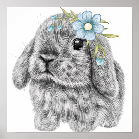 Bunny Blue Bow Kinderzimmer Print | Bunny Print Poster (Vorne)