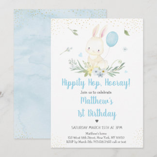 Bunny Blue Boy Greenery Geburtstag Einladung