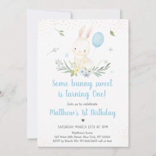 Bunny Blue Boy Greenery Geburtstag Einladung (Vorderseite)