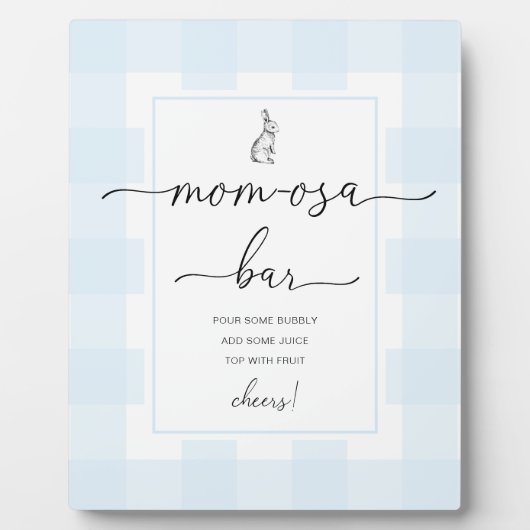 Bunny Blue Gingham Baby Shower Mama-osa Bar Sign Fotoplatte (Vorderseite)