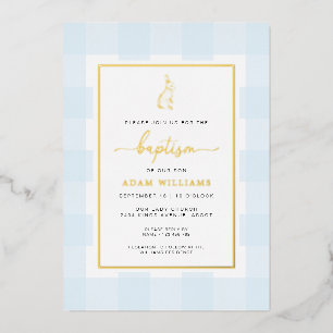 Bunny Blue Gingham Taufe Gold Foil Einladung