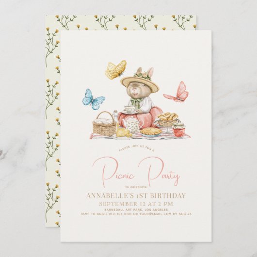 Bunny & Butterflies Picnic Girl 1. Geburtstag Einladung (Vorne/Hinten)