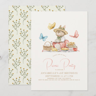 Bunny & Butterflies Picnic Girl 1. Geburtstag Einladung