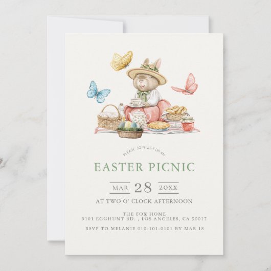 Bunny & Butterflies Tee Party Ostern Picknick Einladung (Vorderseite)